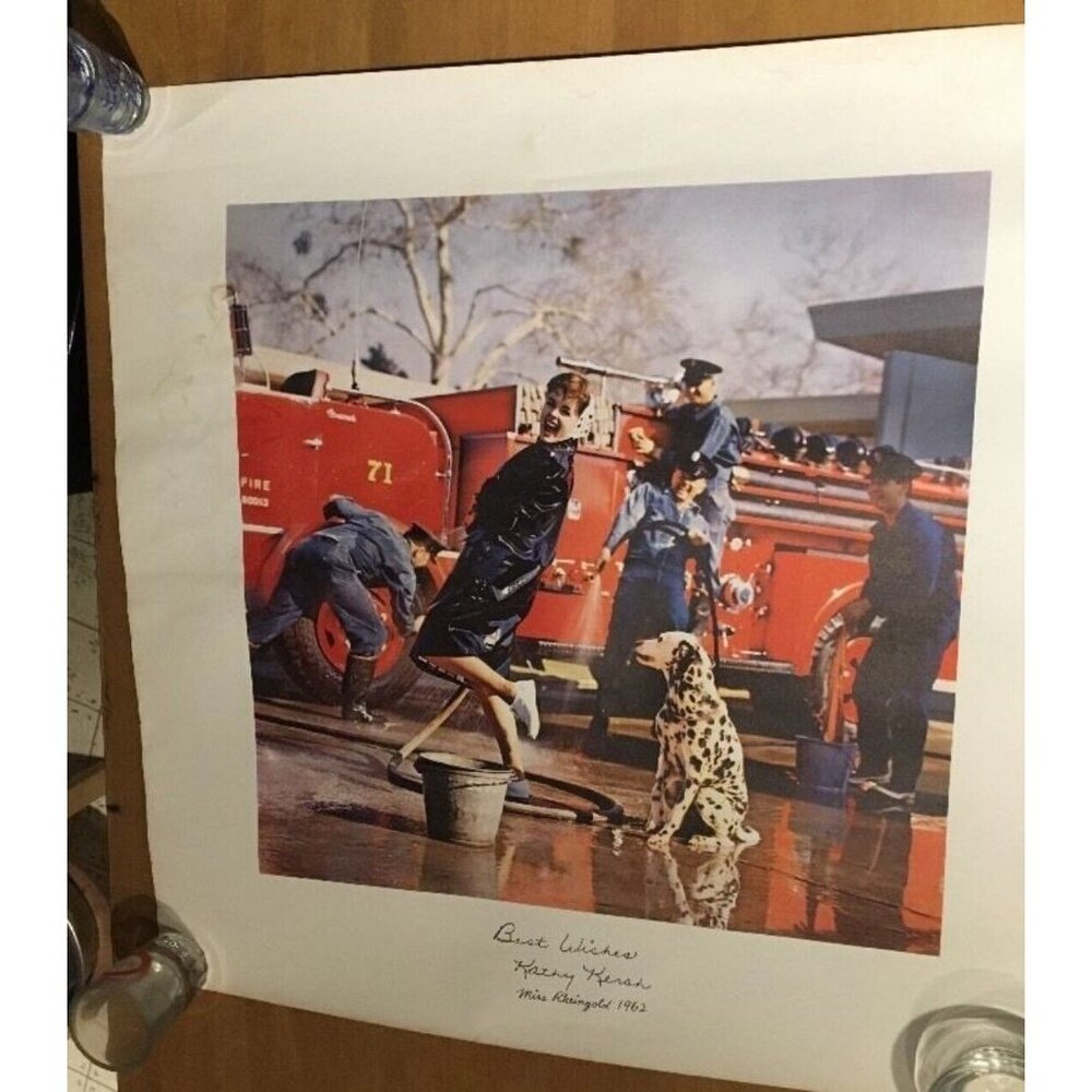 Vintage Rheingold Beer Poster Miss Rheingold Kathy Kersh 1962 Firemen Dalmatian